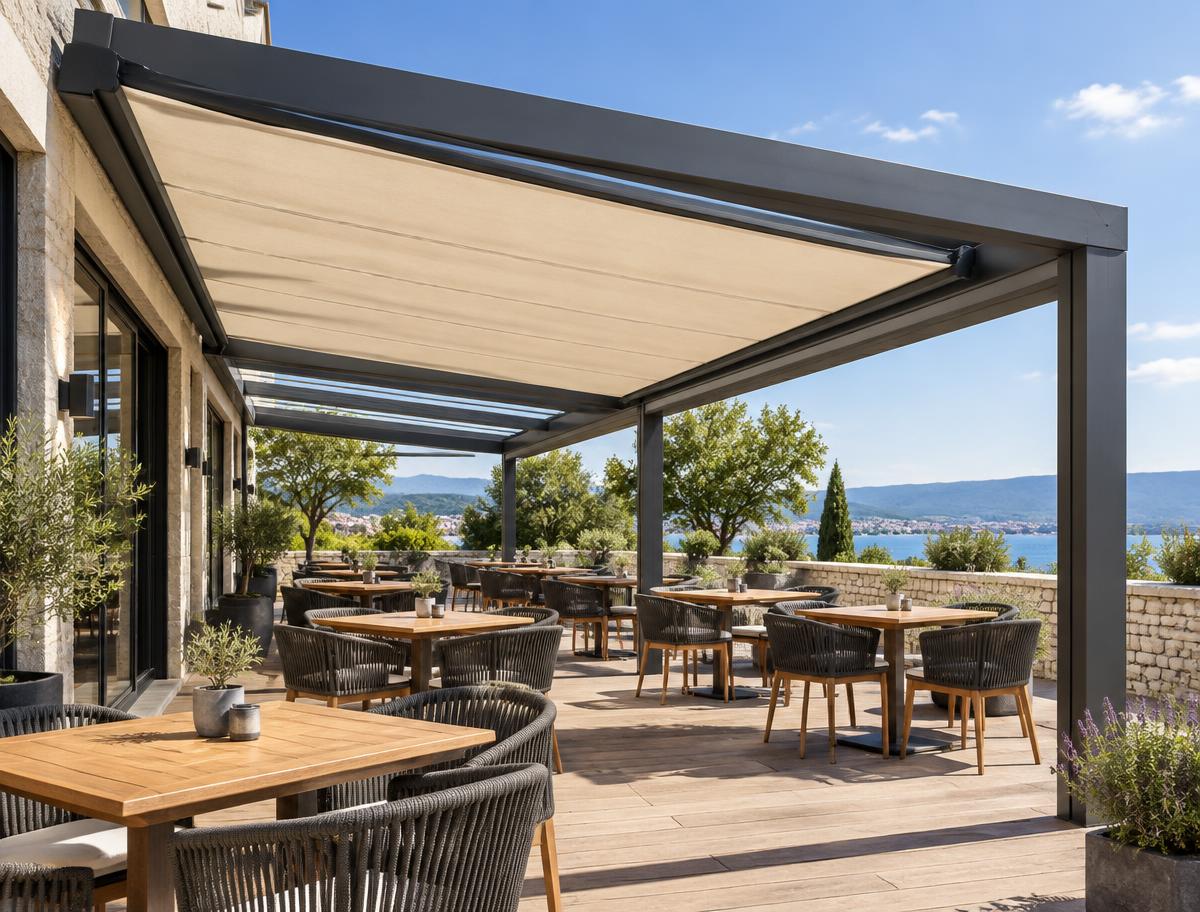 Deniz manzaralı kafe terasında ahşap masaların üzerine açılmış açık renkli pergola tente